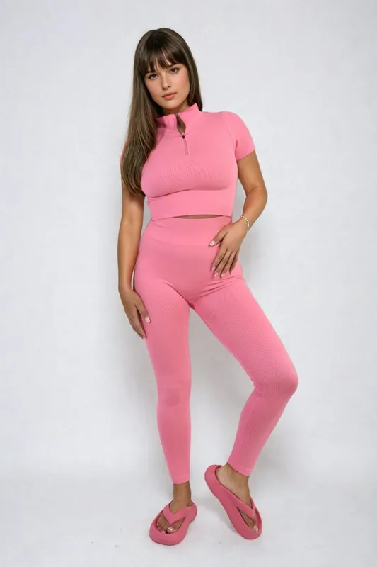 Ayah Ribbed Half Zip Crop Top And High Waist Leggings Co-ord Set