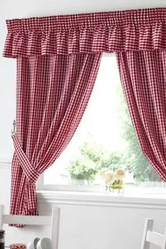 Gingham Red Checkered Taped Curtains With Tie Backs - Alan Symonds