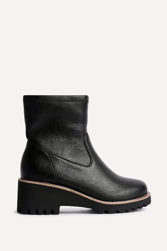 Pulse Wide Fit Black Faux Leather Wedged Heel Ankle Boot - Linzi
