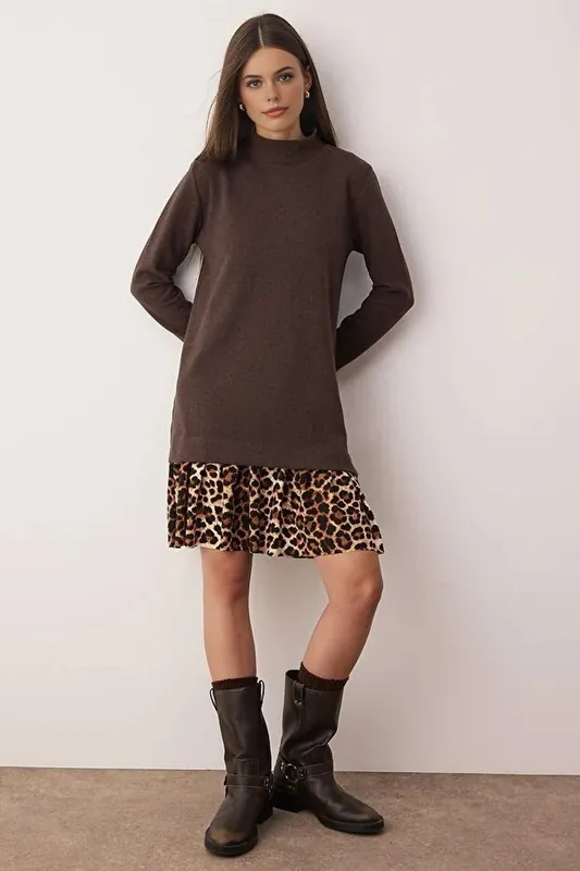 High Neck Long Sleeve Knit Mini Dress - WOVCOR