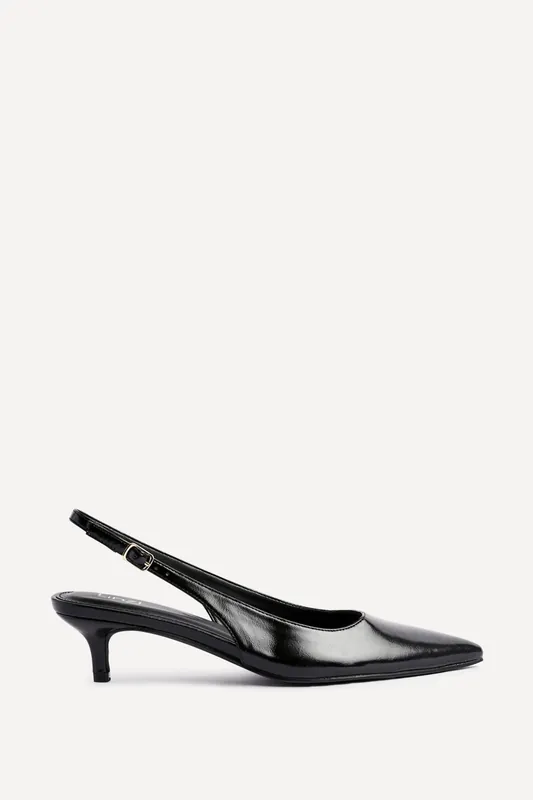 Elvira Black Faux Leather Slingback Kitten Court Heels - Linzi