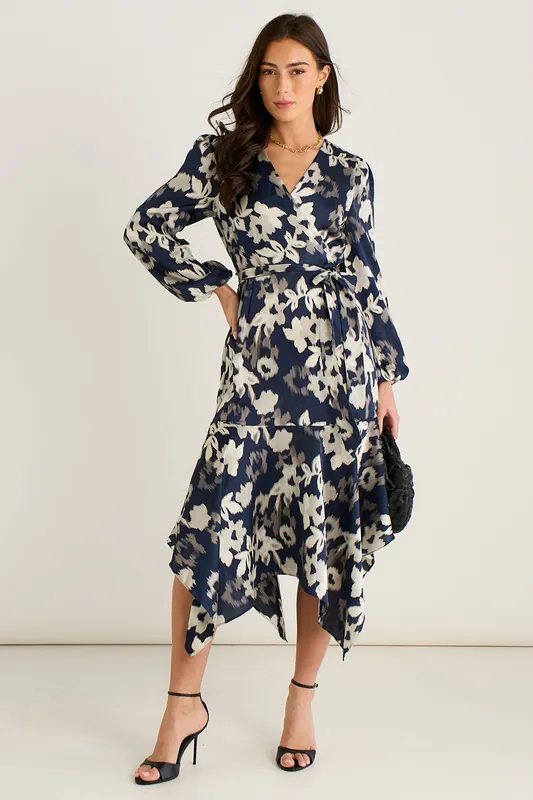 Navy Assymetric Hem Wrap Midi Dress - Gini London