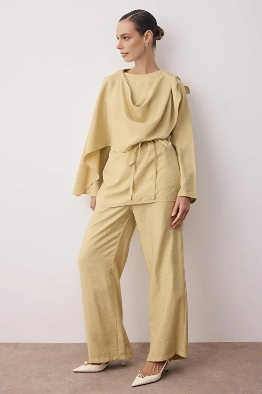 2-Piece Modal Fabric Woven Top with Tie Waist and Wide-Leg Trouser Set