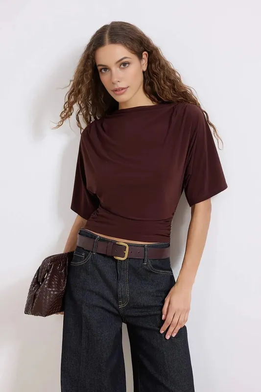 Draped Batwing Sleeve Ruched Cropped Top - WOVCOR