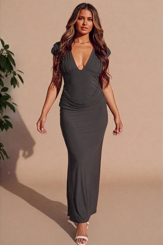 Slinky Plunge Shoulder Drape Waist Double Layer Maxi Dress - Femme Luxe