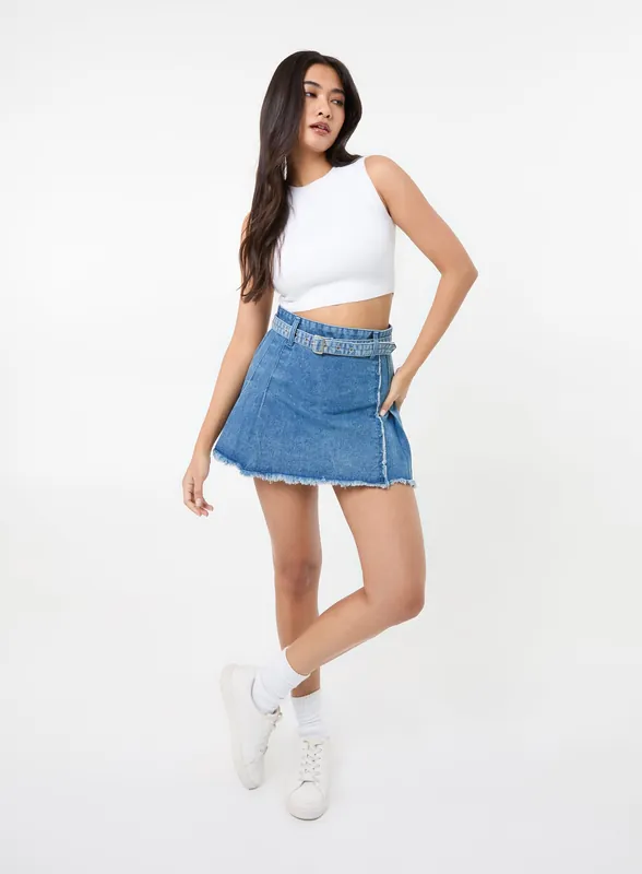 Belt Denim Pleated Mini Skirt - Pink Vanilla