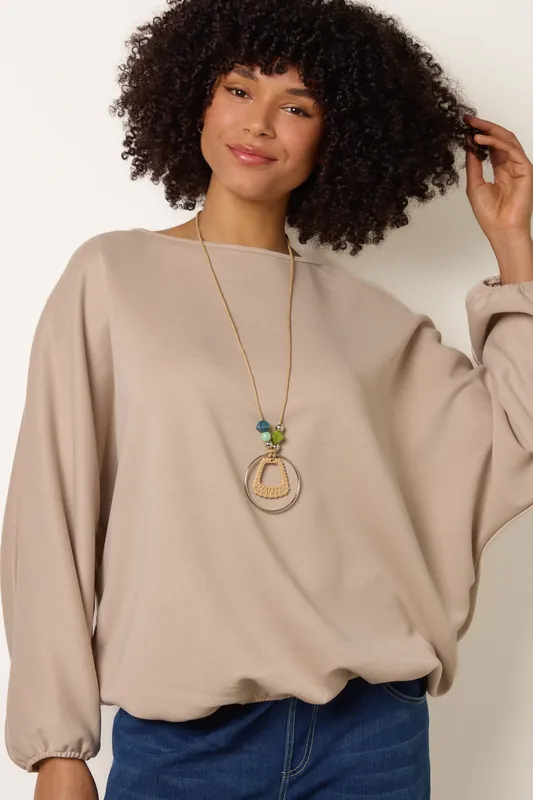 Stone Round Neck Elasticated Hem And Sleeve Top - Blue Vanilla
