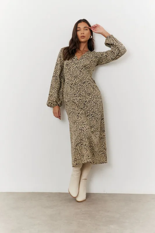 Multicoloured Leopard Print Balloon Sleeve Midi Tea Dress - In The Style