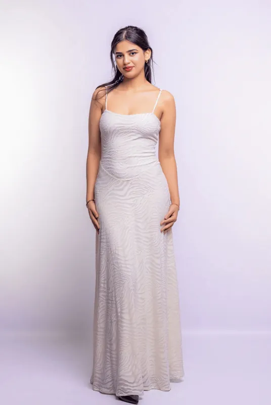 Cream A-Line Jacquard Thin Adjustable Straps Maxi Dress