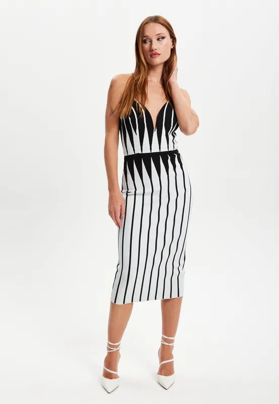 Vertical Black And White Striped Knitted Midi Dress - Liquorish