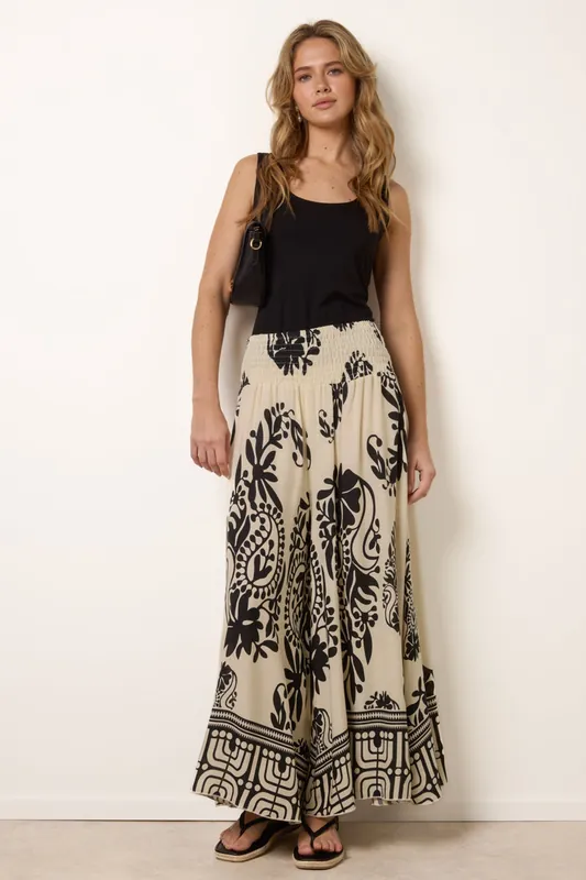 Ivory Extra Wide Leg Trousers With Paisley Floral Block Print - Blue Vanilla