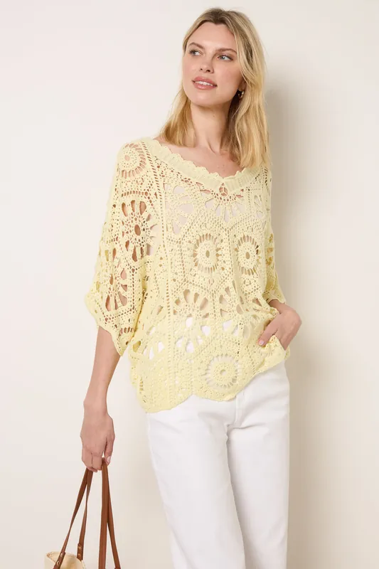 Lemon Crochet Detailed Kimono Top - Blue Vanilla
