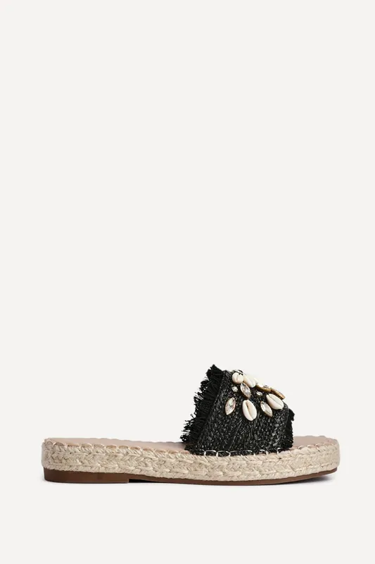 Seaside Black Raffia Embellished Sliders - Linzi