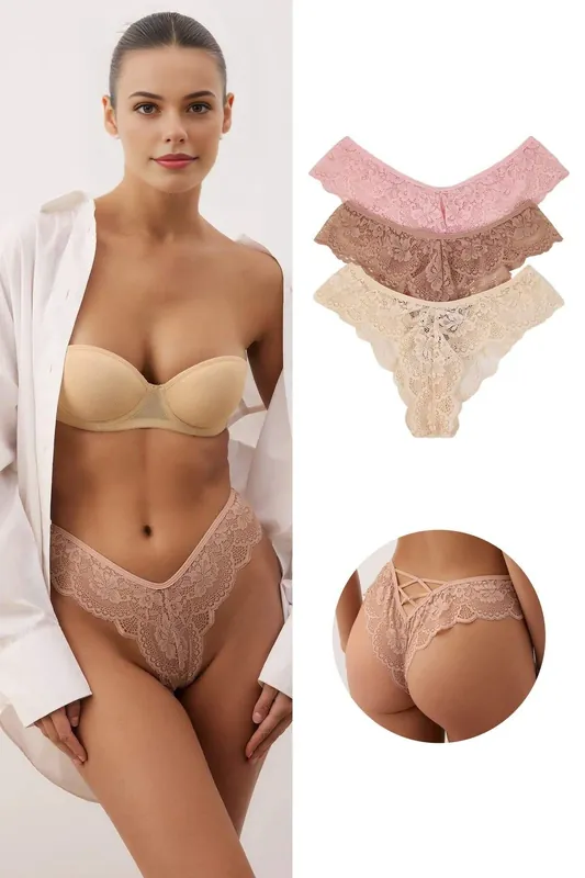 3 Pack Floral Lace Brazilian Briefs Set - WOVCOR