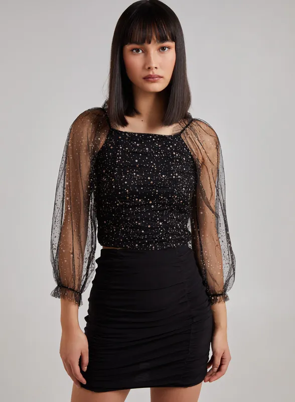 Glitter Ruched Top With Sheer Balloon Sleeve - Pink Vanilla