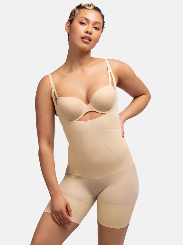 Seamless Open Bust Bodysuit Beige - Dorina