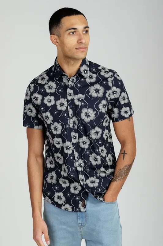 Cotton Poplin Button-Up Shirt with Abstract Floral Print