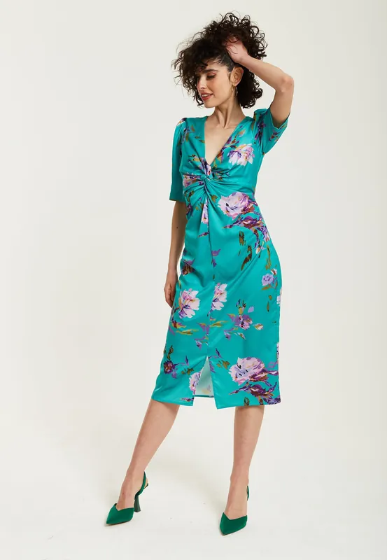 Green Floral Knot Front Midi Dress - Liquorish