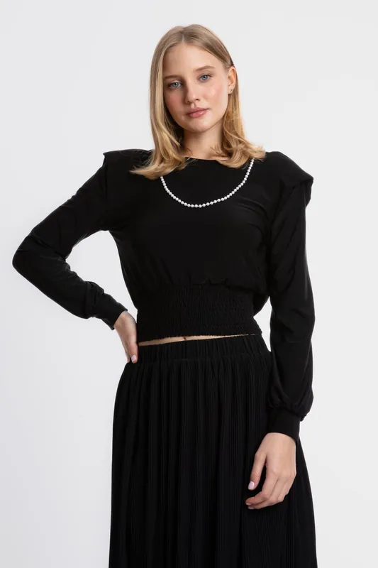Boat Neck Slinky Fabric Blouse with a Pearl Detail on the Neckline - Hiccup