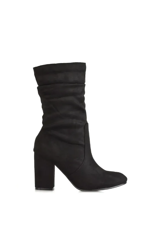 Belle' Mid Calf High Block Heel Ruched Boots - XY London