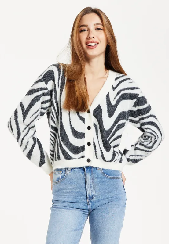 Fluffy Black And White Cardigan - Liquorish
