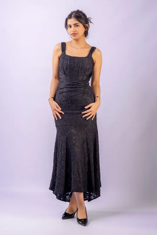Black Mermaid Ruched Waist Sleeveless Flared Hi-Low Hem Dress