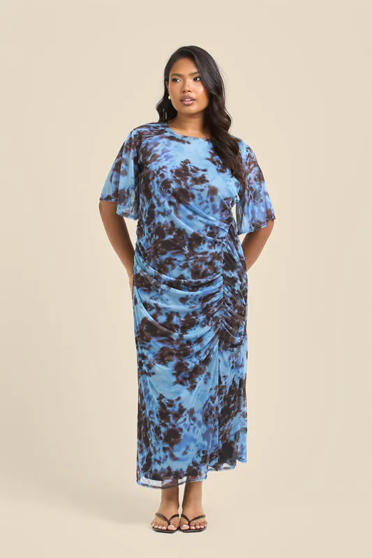 Curve Blue Abstract Print Flutter Sleeve Ruched Midi Dress - FASHION-SZN