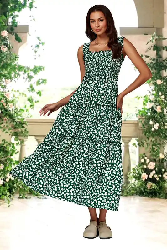 Floral Print Hem Detail Tiered Maxi Dress In Green - FS Collection