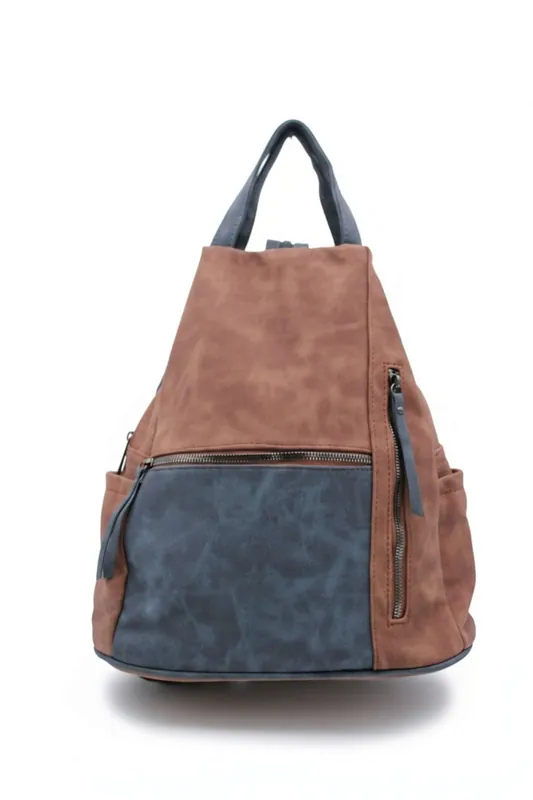 Convertible Dual-Tone Fuax Suede Multi pockets Backpack Shoulder Bag