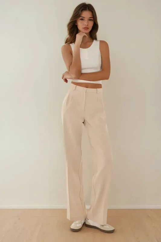 Mid Waist Pleated Straight Fit Pants - Hiccup
