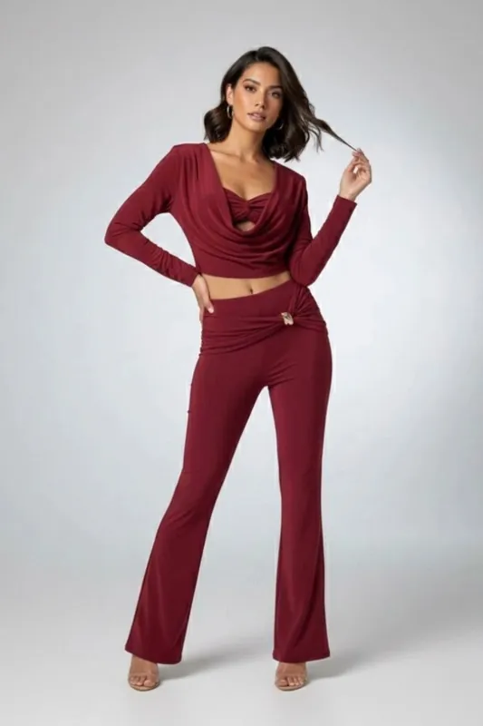 Cowl Neck Knot Detail Long Sleeve Crop Top and Flared Trouser Co-ord