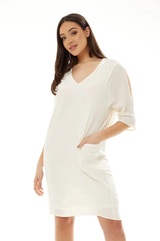 White Relaxed Fit Midi Dress With Pockets - Liquorish