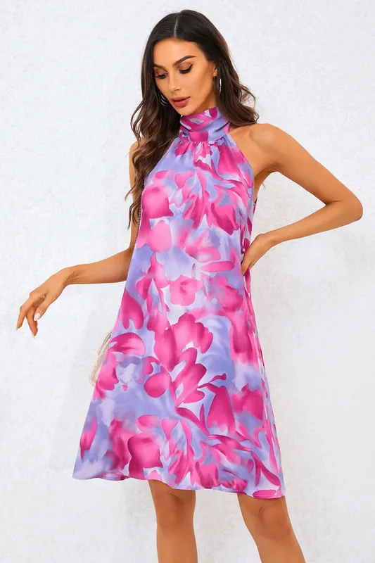 Abstract Floral Print Halter Neck Tie Back Mini Dress In Pink - FS Collection