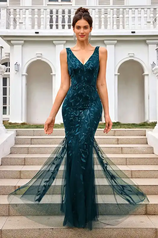 Sequin Leaf Detailed V Neck Bridesmaid Maxi Dress In Teal - FS Collection