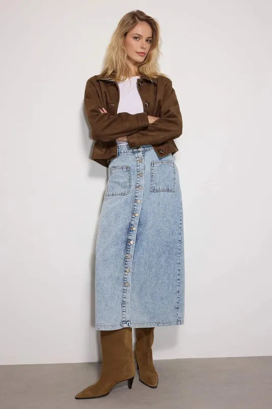 High Waist Button Front Maxi Denim Skirt with Pockets - WOVCOR
