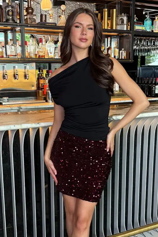 Wine Velvet Sequin Mini Skirt - AX Paris
