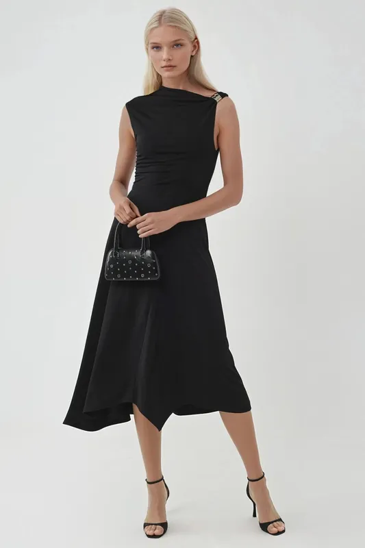 Accessory Detailed Asymmetrical Midi Dress - Busem