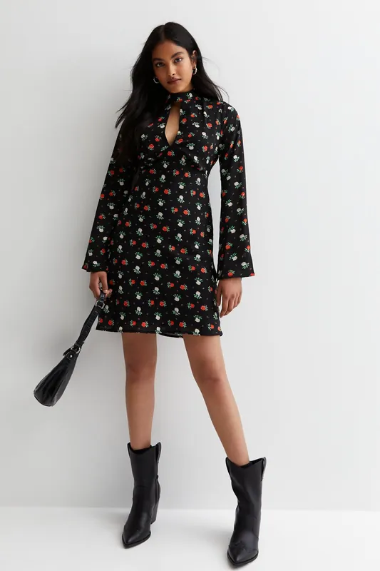 Black Rose Print Flared Sleeve Mini Dress - Gini London