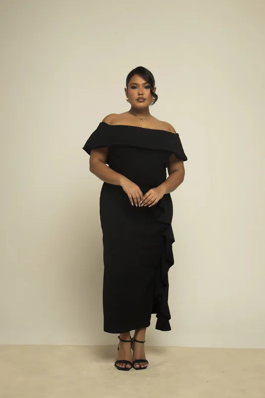 Curve Bardot Fold Over Scuba Crepe Ruffle Midaxi Dress - FASHION-SZN