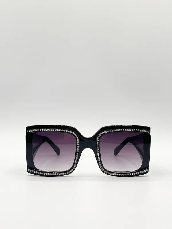 Oversized Square Sunglasses with Diamonte Detail - SVNX