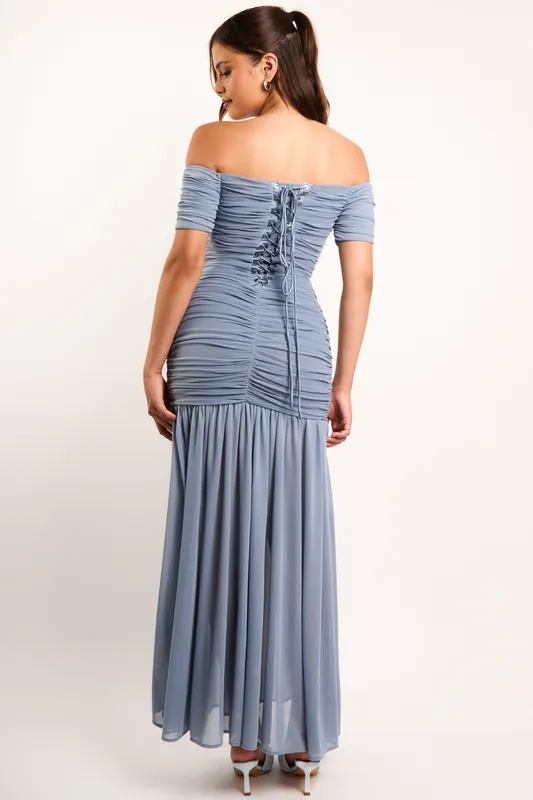 Alisa Dusk Blue Off The Shoulder Corset Maxi Dress - Jaded Rose