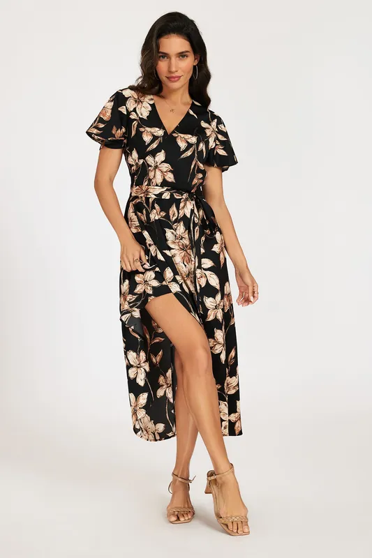 Flutter Sleeves Floral Wrap Midi Dress - FS Collection