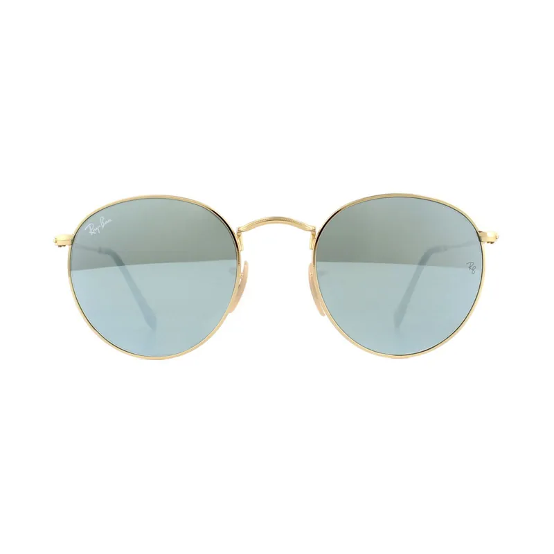 Round Shiny Gold Grey Flash Mirror Round Flat Lenses 3447N Sunglasses - Ray-Ban