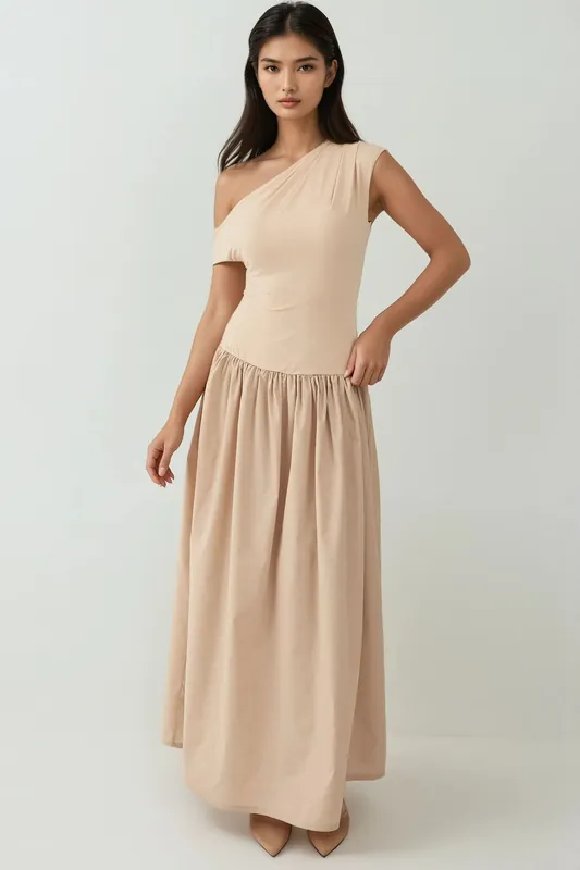 Asymmetrical Collar Fitted Maxi Dress - Hiccup