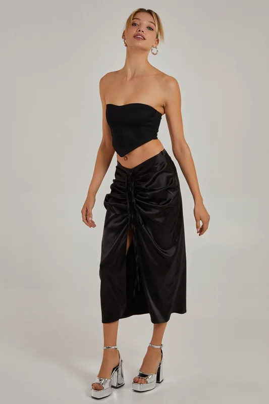Ruched Midi Skirt With Tie - Pink Vanilla