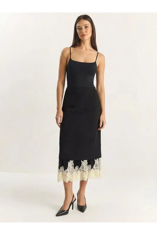 High Waist Midi Skirt with Lace Bottom - Bianco Lucci