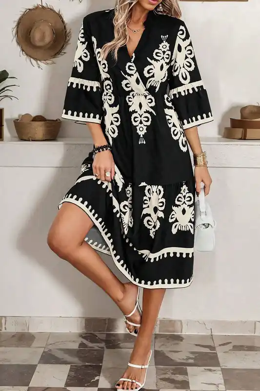 Black Western Geometric Print 3/4 Sleeve Loose Midi Dress - Everyday The Label