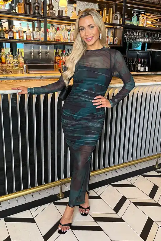 Teal And Black Smudge Print Mesh Overlay Long Sleeve Midi Dress - AX Paris