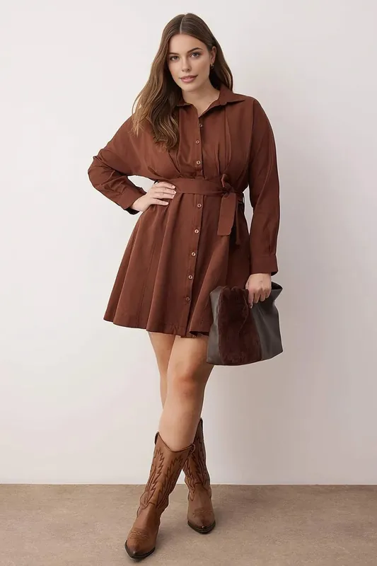 Belted Button Front Shirt Mini Dress with Long Sleeves - WOVCOR