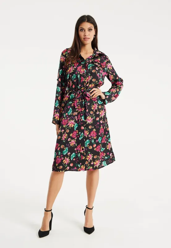Floral Print Shirt Dress In Multicolour & Black - Liquorish